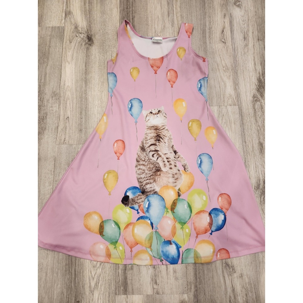 COWCOW Tabby Cat Happy Birthday Balloons Printed Fit and Flare Dress Size Medium